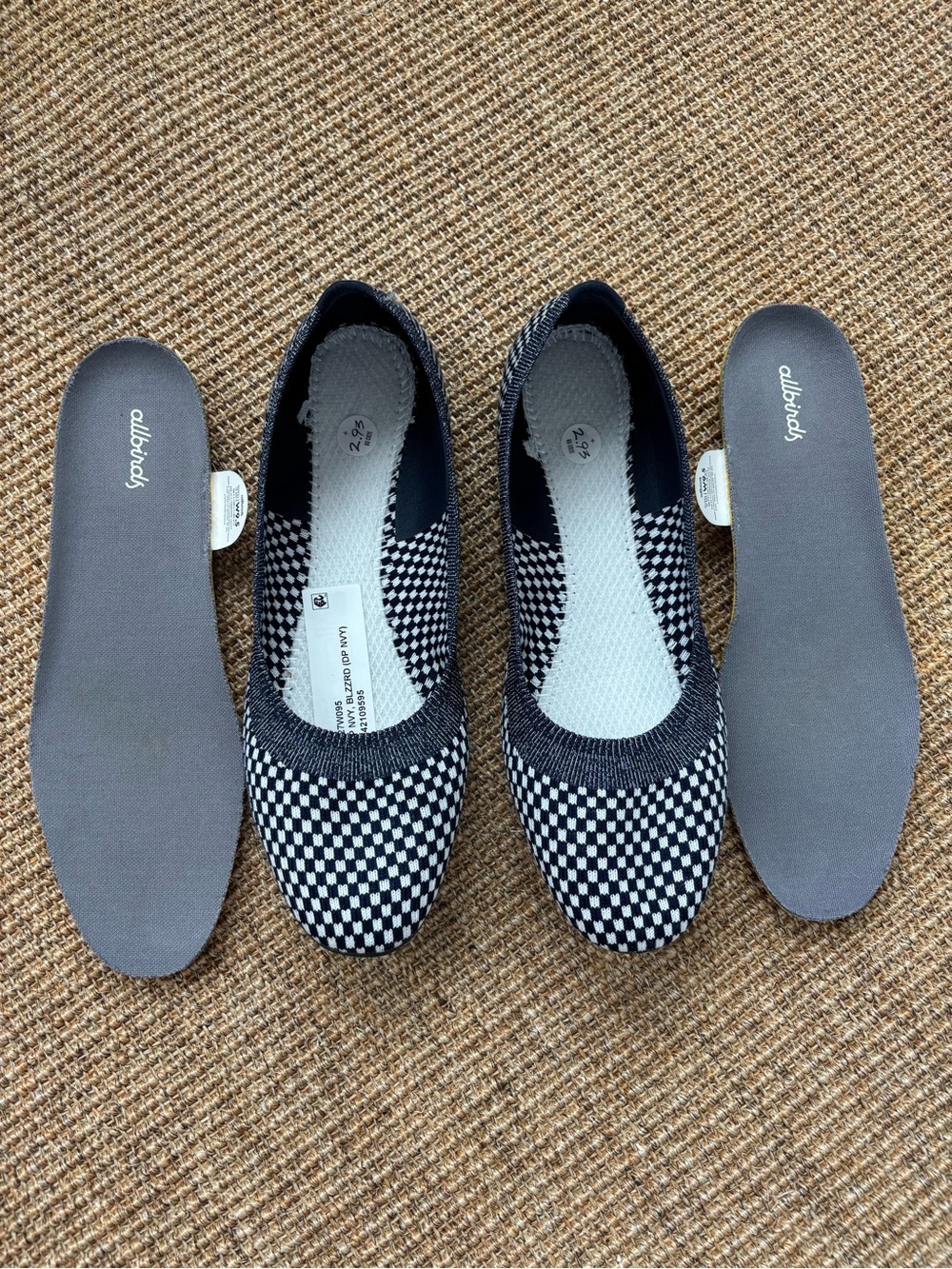 Allbirds Tree Breezers Navy Blue White Checkered Knit Ballet Flats Size 9.5